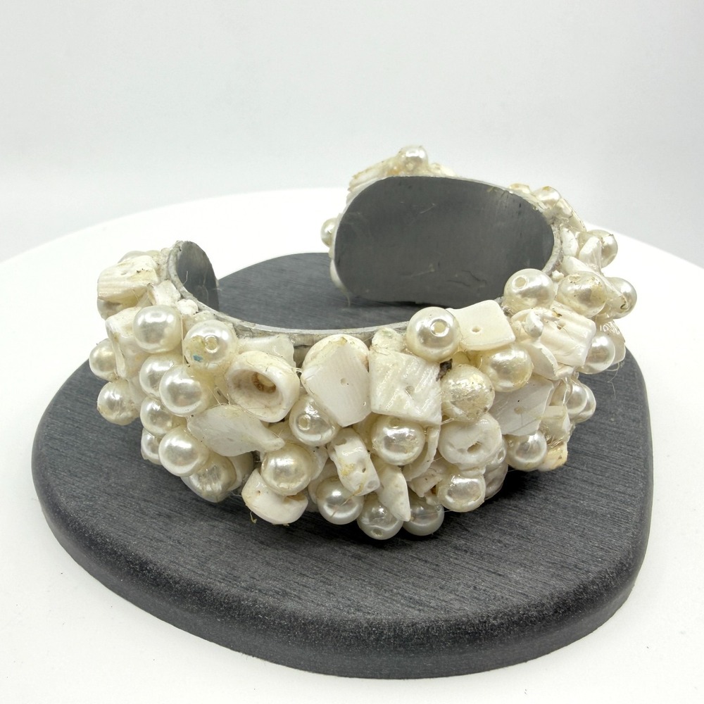 Statement Pearl and Shell Cluster Cuff Bracelet Textured Beachy Boho Chunky Gift